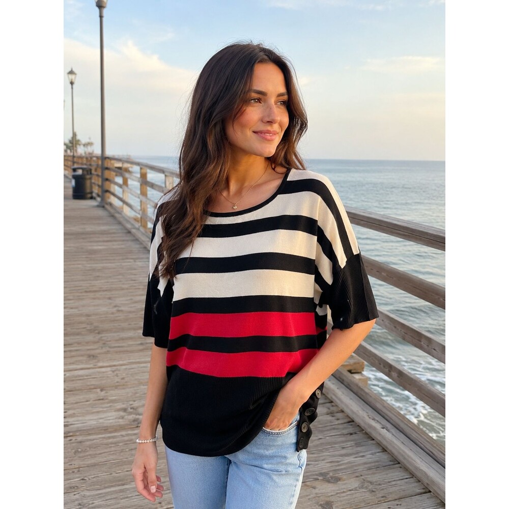 GNU Colorblock Striped Sweater Black Red White Side Buttons NWT Sz M